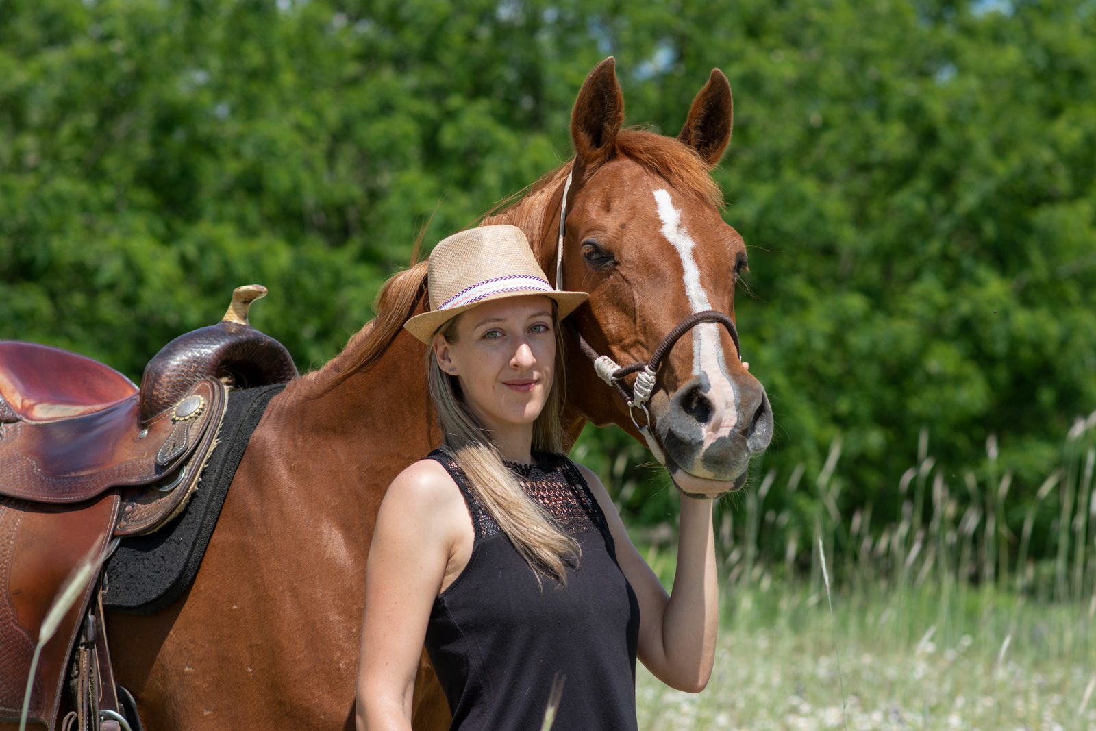 lovas_14 sárga ló portré western nyereg kamilla mező lovas lány kalap
